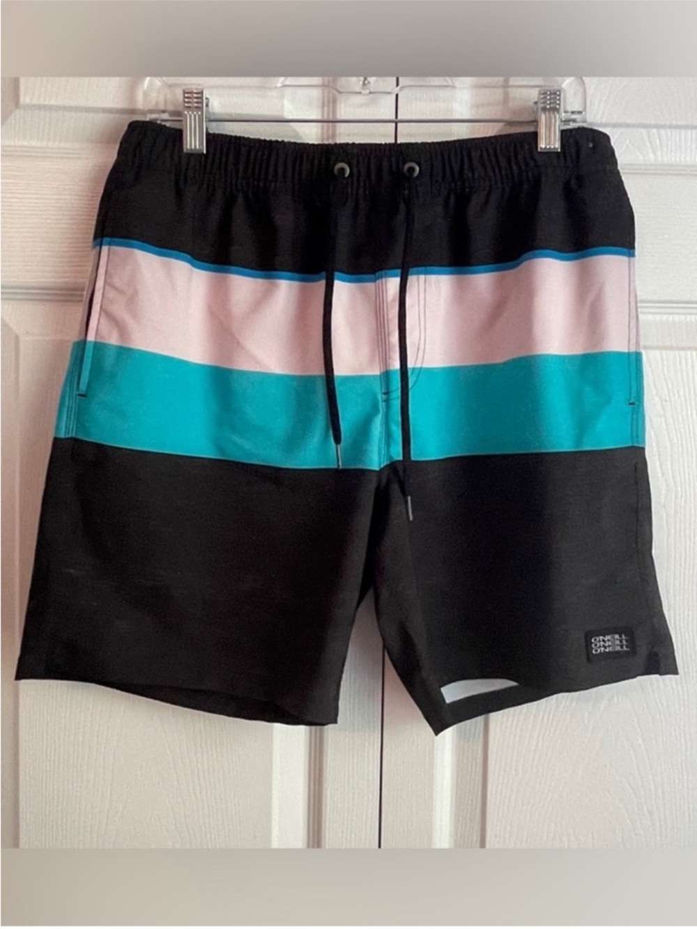 O’Neill Men’s Smash Up Volley Swim Board Shorts Size Large Black White Turquoise